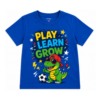 TOYSREX Kids Graphic Cotton T-Shirt – Play Learn Grow Dinosaur Design – Blue