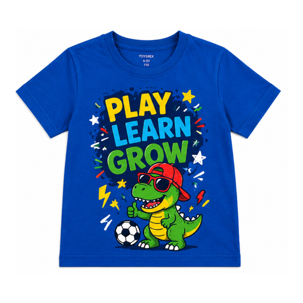 TOYSREX Kids Graphic Cotton T-Shirt – Play Learn Grow Dinosaur Design – Blue