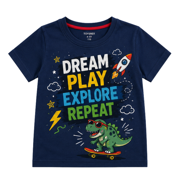 TOYSREX Kids Graphic Cotton T-Shirt – Dream Play Explore Repeat Dinosaur – Navy Blue