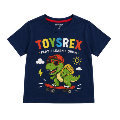 TOYSREX Kids Dinosaur Graphic Cotton T-Shirt – Skateboard Design – Navy Blue