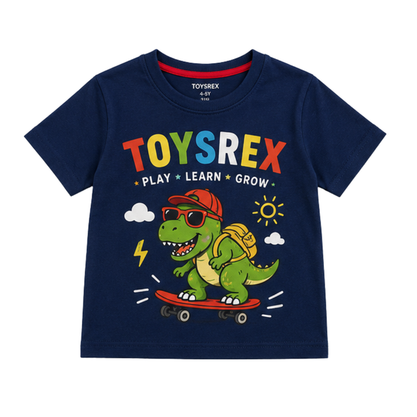 TOYSREX Kids Dinosaur Graphic Cotton T-Shirt – Skateboard Design – Navy Blue