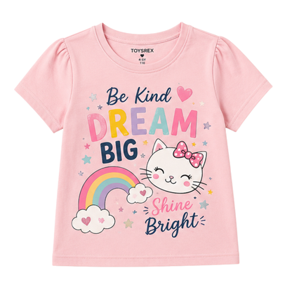 TOYSREX Girls' Graphic Cotton T-Shirt – Dream Big Cat & Rainbow Design – Pink