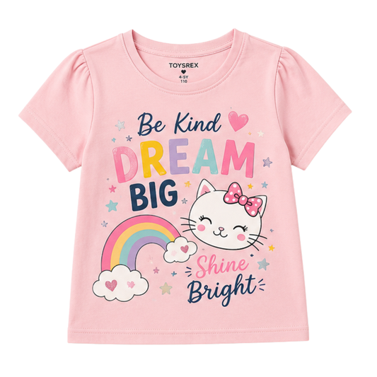TOYSREX Girls' Graphic Cotton T-Shirt – Dream Big Cat & Rainbow Design – Pink