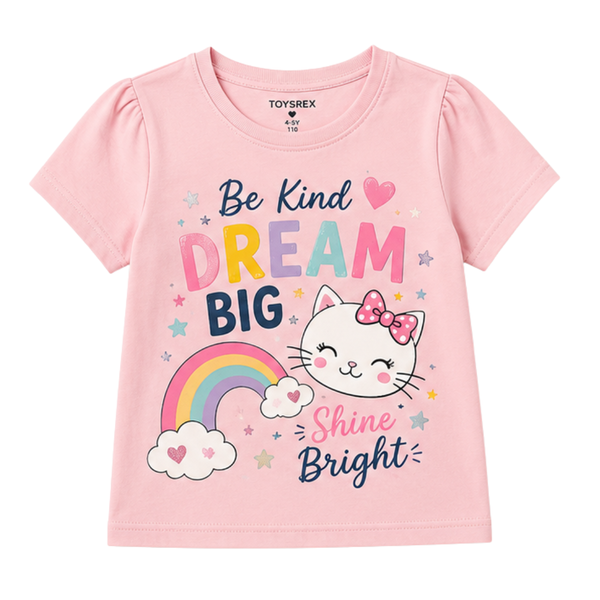 TOYSREX Girls' Graphic Cotton T-Shirt – Dream Big Cat & Rainbow Design – Pink