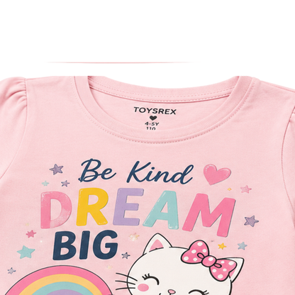 TOYSREX Girls' Graphic Cotton T-Shirt – Dream Big Cat & Rainbow Design – Pink