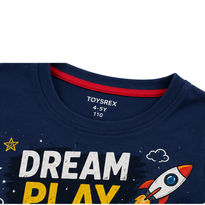 TOYSREX Kids Graphic Cotton T-Shirt – Dream Play Explore Repeat Dinosaur – Navy Blue