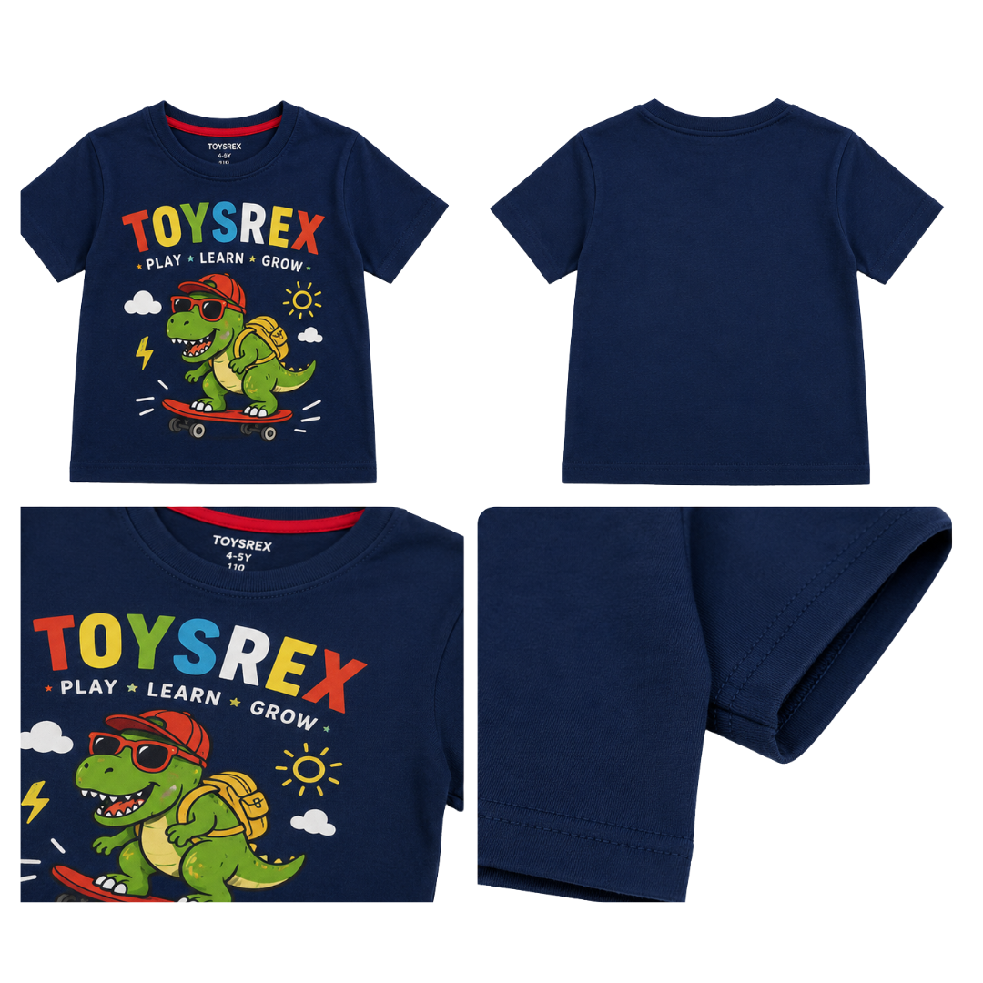 TOYSREX Kids Dinosaur Graphic Cotton T-Shirt – Skateboard Design – Navy Blue