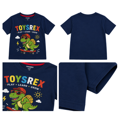 TOYSREX Kids Dinosaur Graphic Cotton T-Shirt – Skateboard Design – Navy Blue